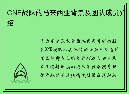 ONE战队的马来西亚背景及团队成员介绍